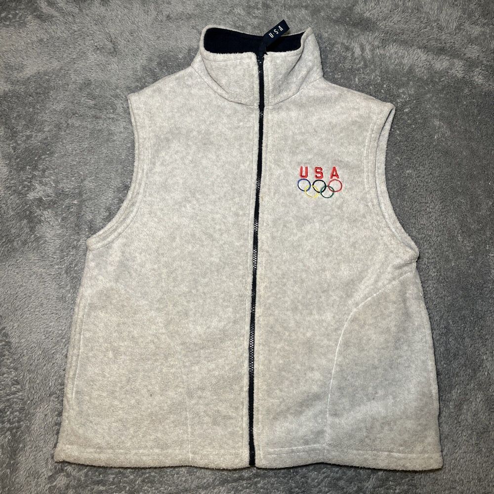 Vintage Olympics Fleece Jacket Vest Mens Medium Grey/Navy Blue Full Zip